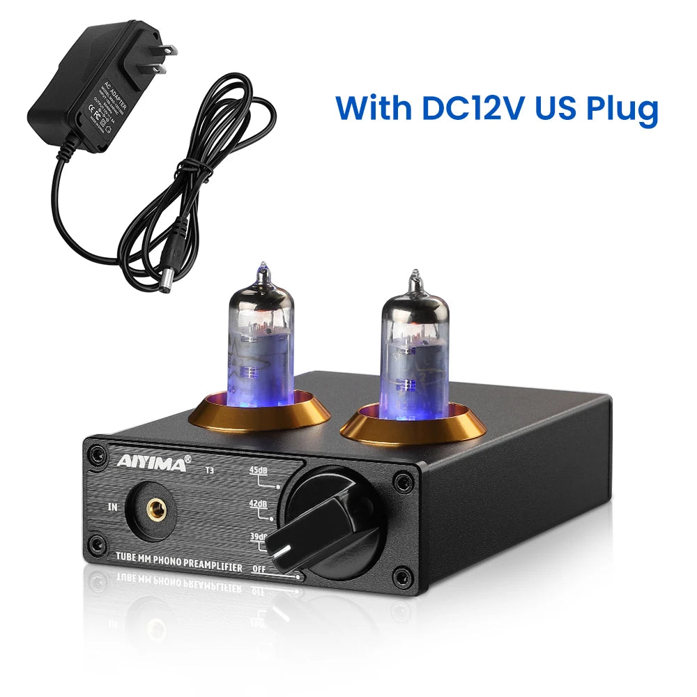 AIYIMA T3 HiFi Vacuum 6A2 Tube MM Phono Preamplifier Vinyl Record Player Stereo Tube Pre amp Amplifier Turntable Phonograph 12V