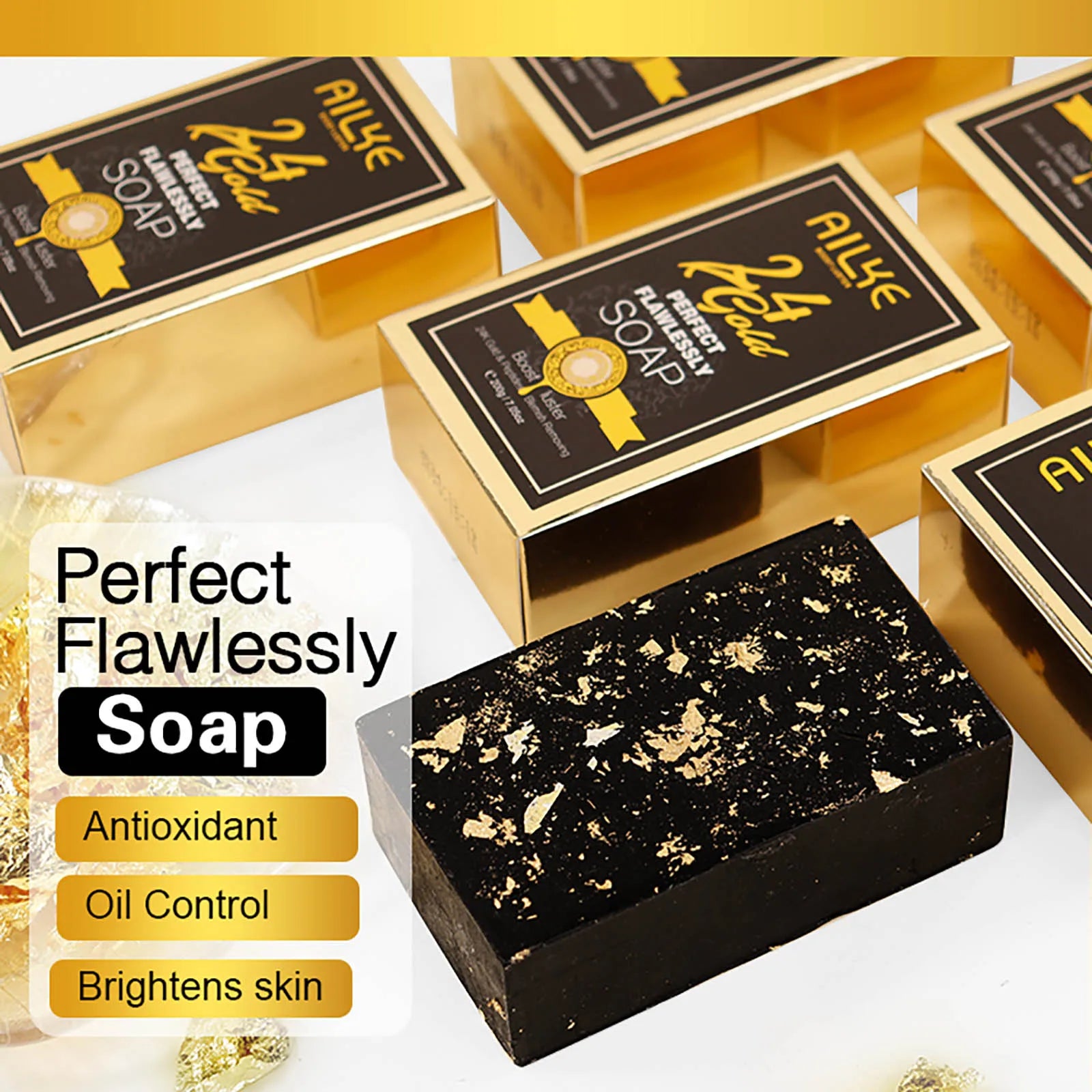 AILKE 24K Gold Foil Whitening Soap, Brightening, Even Skin Tone, Improve Skin Elasticity, Deeply Cleaning, Remove Spots, 200g
