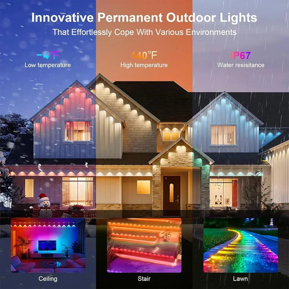 Smart RGBIC Eaves Lights Permanent Outdoor Lights Outdoor Christmas LED Light Strings with APP Remote Control IP67 Waterproof