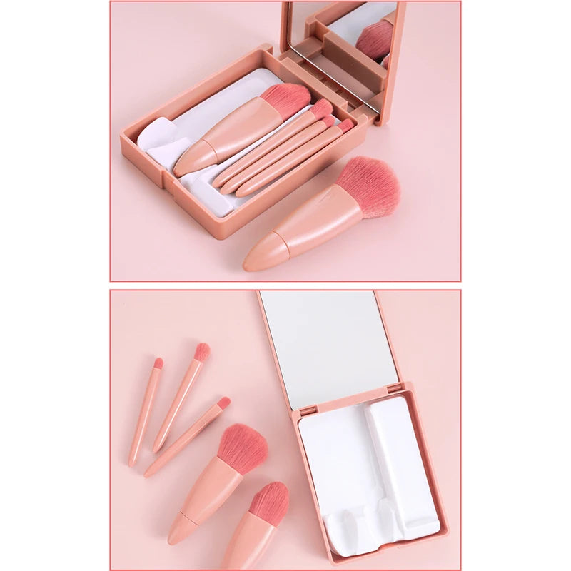 【SSummer10】5Pcs Travel Mini Makeup Brushes Set with Case Mirror - Small Complete Function Cosmetic Kit【SS】