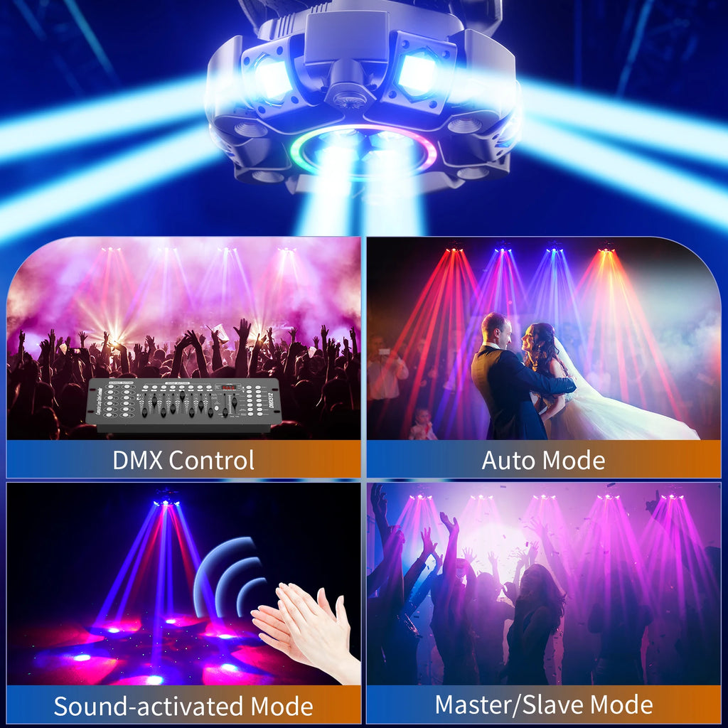 Fieryzeal 150W 6-Arm RGBW Beam Moving Head Light with Strip Effect Stage Light DMX512 Honeycomb Beam Strobe Effect for DJ Party