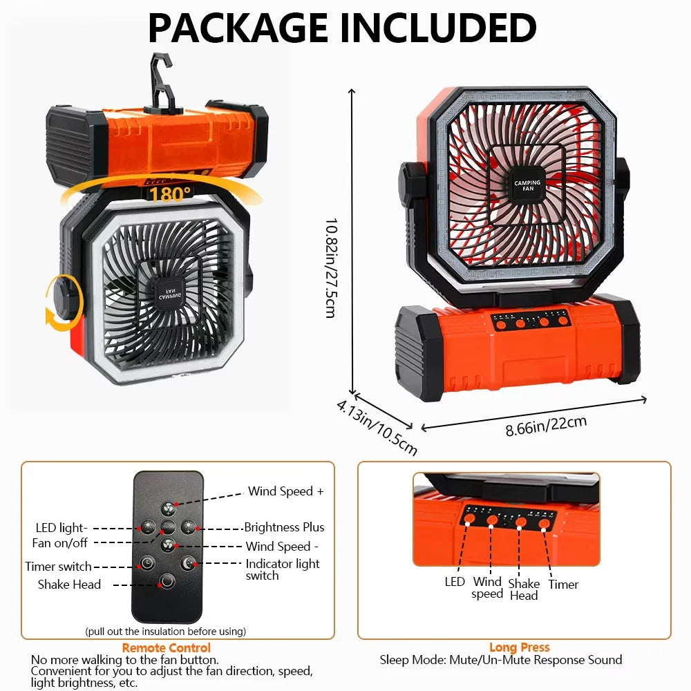 Outdoor Camping Fan 20000mAh Rechargeable Fan with LED Lantern & Remote for Fishing Travel, 4 Speeds 8H Timer, Hanging Hook