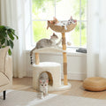 Modern Cat Tree Tower with Natural Solid Wood Scratching Posts Spacious Wicker Basket Luxury Cat Condo Bed for Indoor Cat Toys