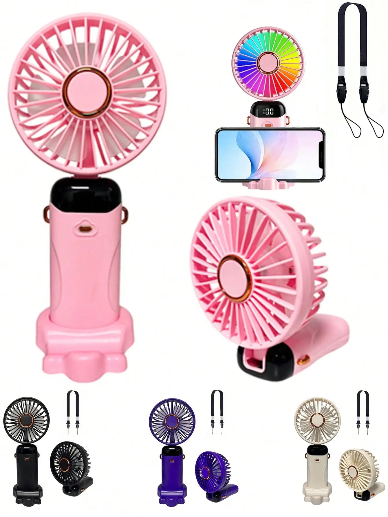 1pc Mini Handheld Electric Fan, USB Rechargeable Portable Fan, 5 Wind Speeds, Digital Display, Neck Strap, Foldable Desk Fan With Stand, Suitable For Office, Dorm, Outdoor, Travel, 800mAh
