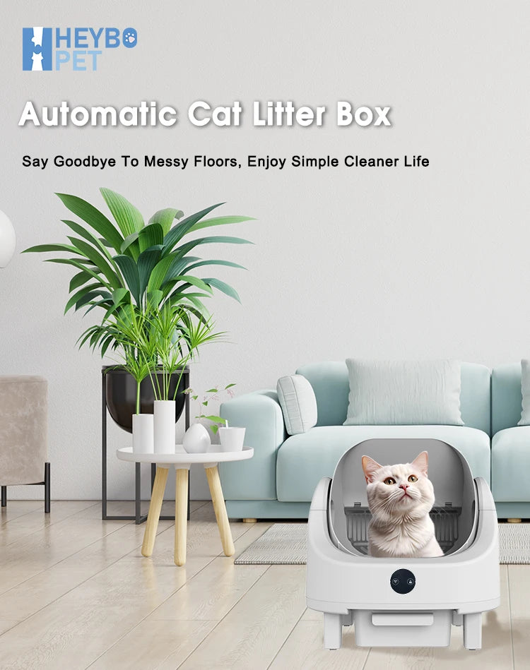 HEYBO PET Large Capacity Self Cleaning Cat Litter Box, Safety App Control, Odor Free Waste Bin, Auto Smart Open Cat Litter Box