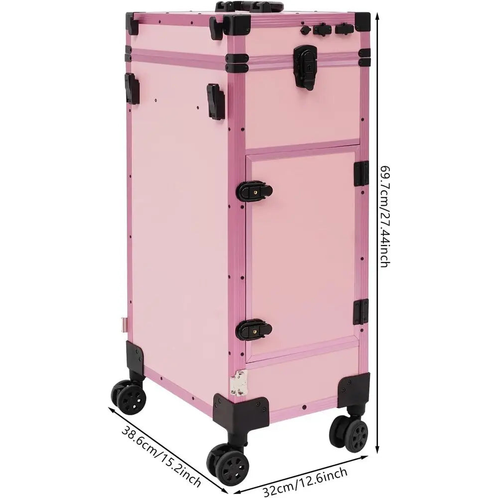 Portable Rolling Makeup Case with 3 Drawers, Adjustable Lighted Mirror, Travel Cosmetic Organizer, Manicure Desk & Nail Artist S