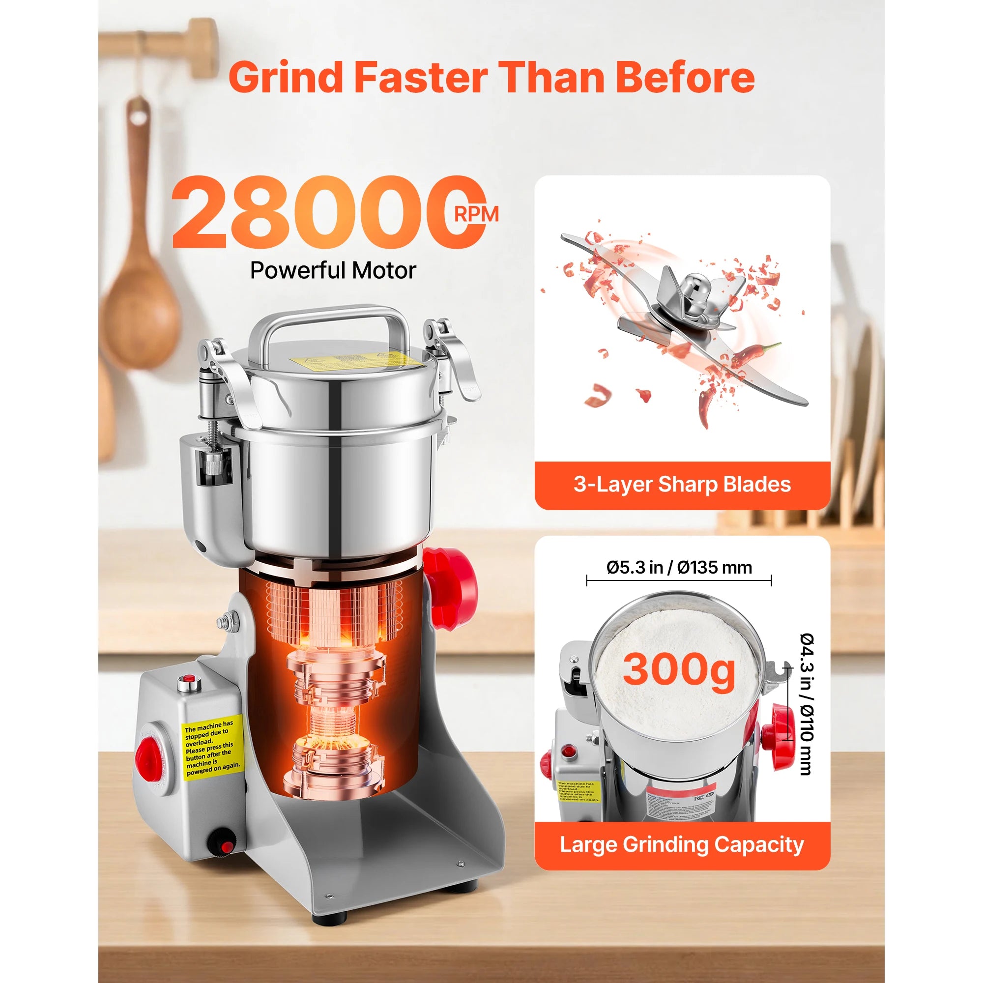 SucceBuy Electric Grain Mill Grinder 28000/32000RPM High Speed Stainless for Dried Grains Coffee Beans Spices 270° Swing Type