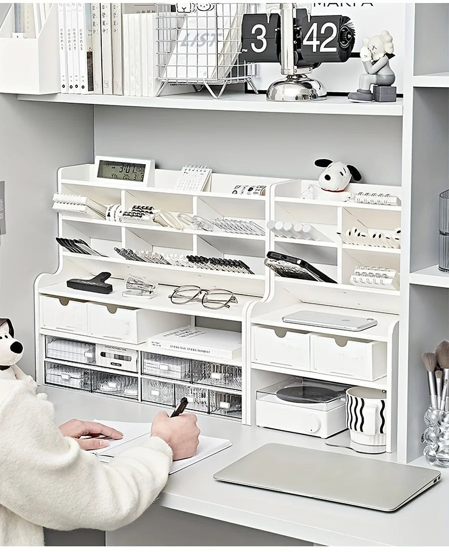 1PC 2-Tier Desk Organizer & Drawer Storage|With Tilt Pen Holder, Raised Bookshelf |Matte White PVC For Stationery, Cosmetics, O