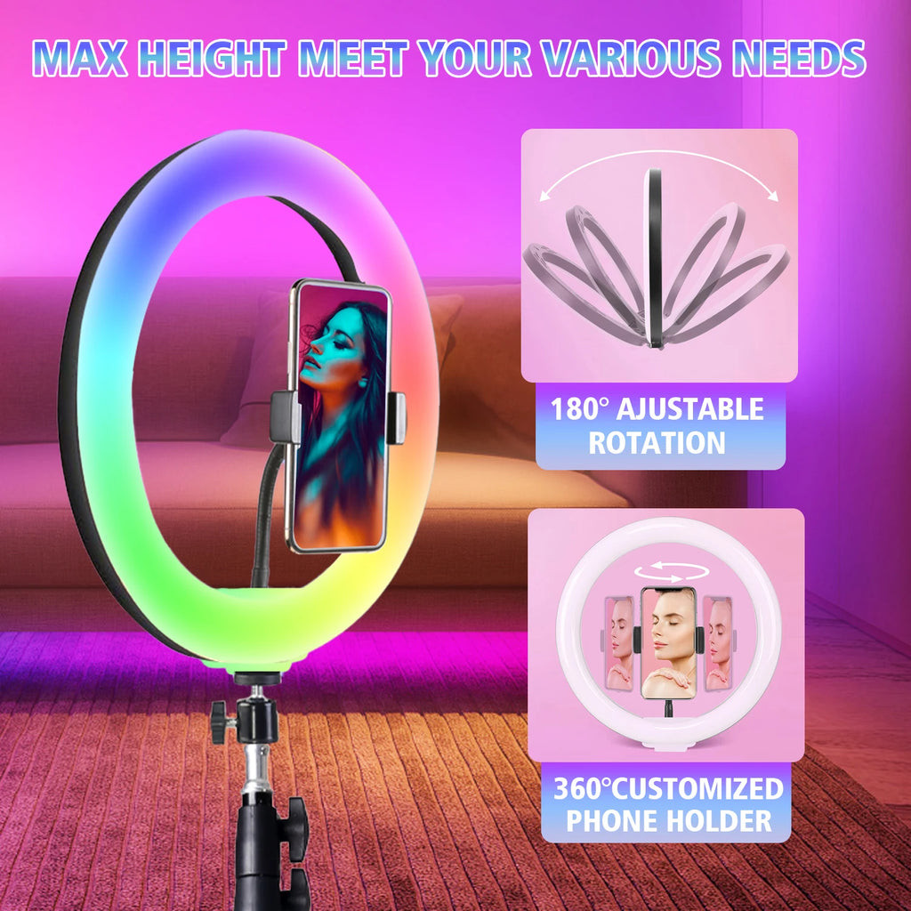 A 10 Inch Professional Selfie Ring LED Light, USB Powered,160cm Tall Stand, 38-Color RGB, Live Streaming, Makeup Fill Lights