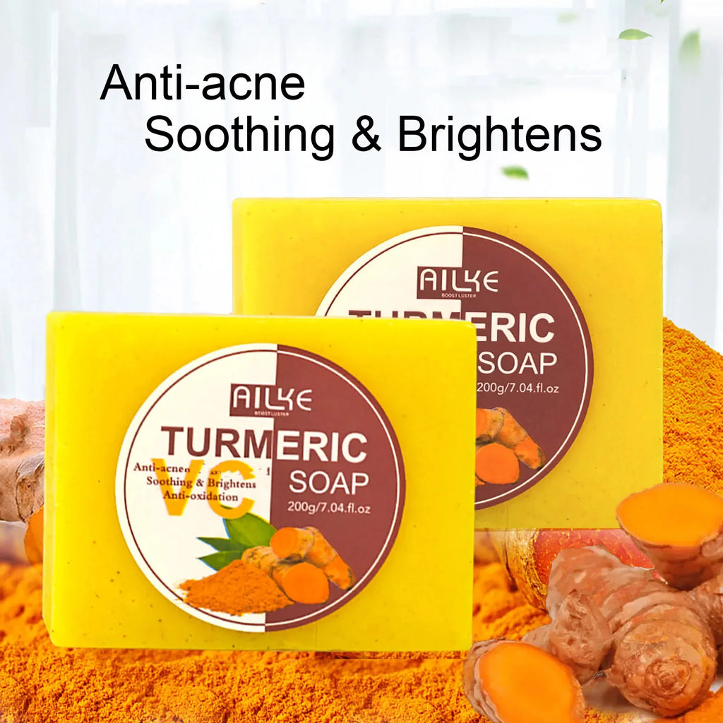 AILKE Natural Turmeric Bath Soap for Face, Body, Hands, Lightening, Cleaning, Even Skin Tone, Anti Dark Spots and Acne, 200g
