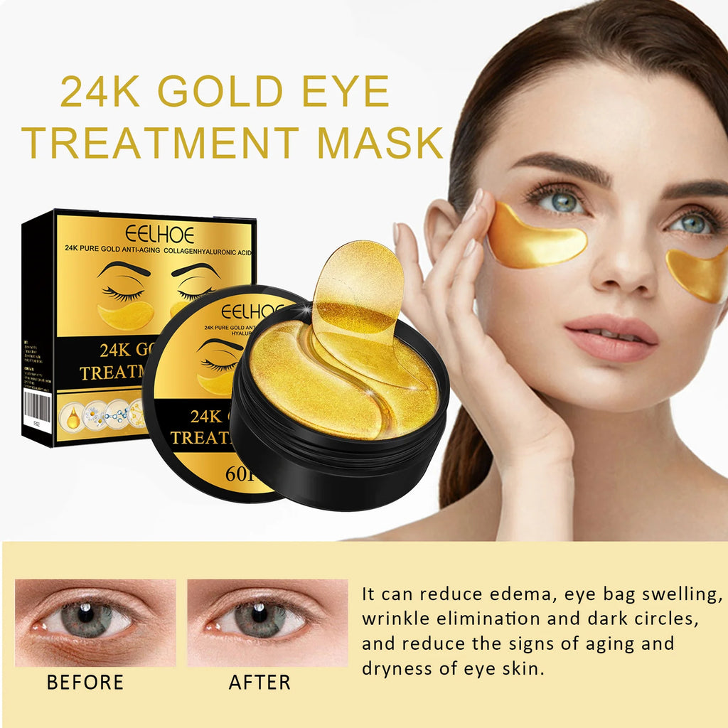 24k Gold Under Eye Patches Pure Gold Anti-Aging Under Eye Mask Removal Eyebags Moisturizing Firming Eye Patches Anti Dark 60pcs