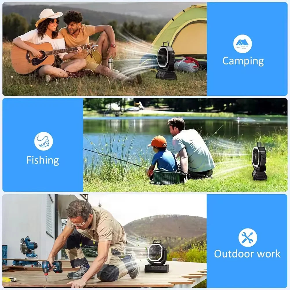 Outdoor Camping Fan 20000mAh Rechargeable Fan with LED Lantern & Remote for Fishing Travel, 4 Speeds 8H Timer, Hanging Hook