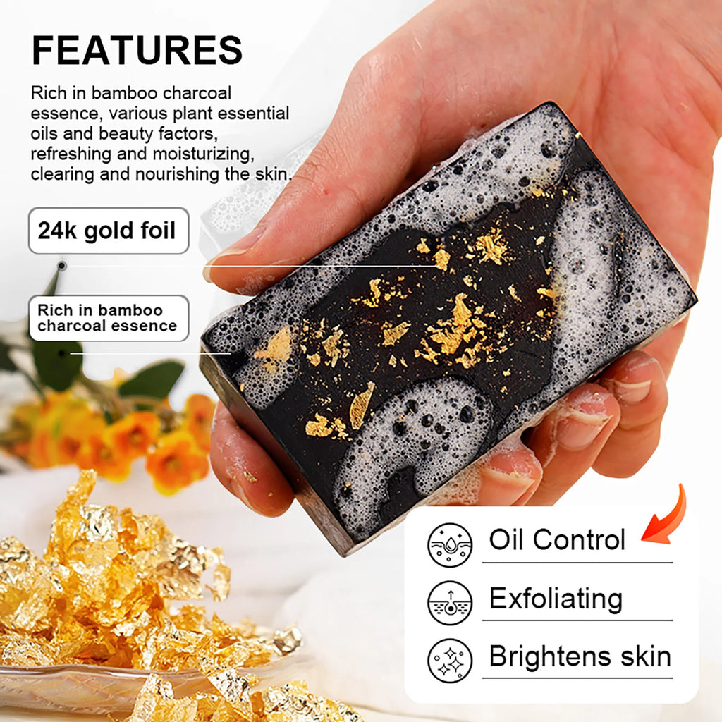 AILKE 24K Gold Foil Whitening Soap, Brightening, Even Skin Tone, Improve Skin Elasticity, Deeply Cleaning, Remove Spots, 200g