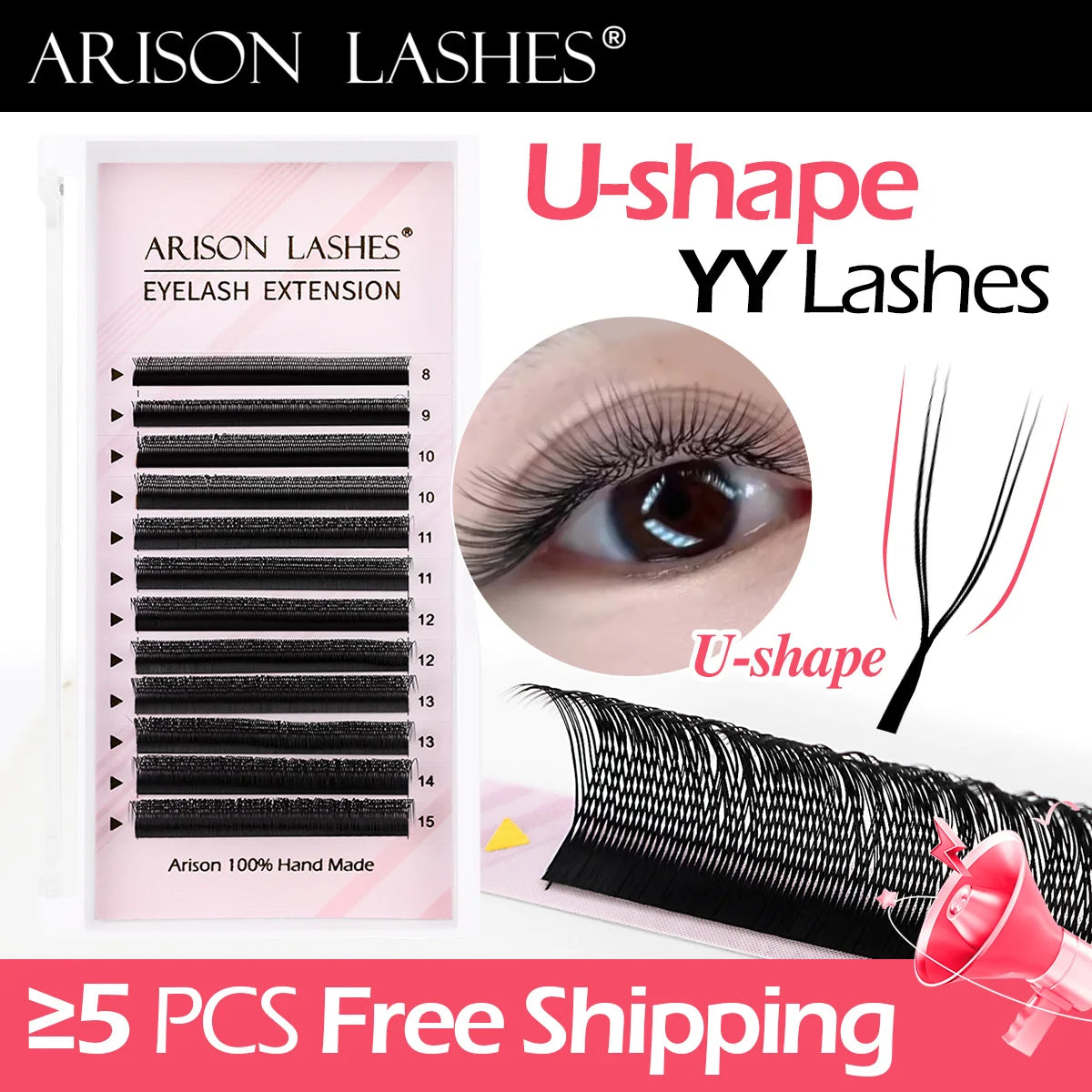 ARISON U-shape YY Lashes Double Tips Eyelash Extension 2D-Y Premade Volume Fans False Eyelashes Ultra Soft Featherlight Mink Las