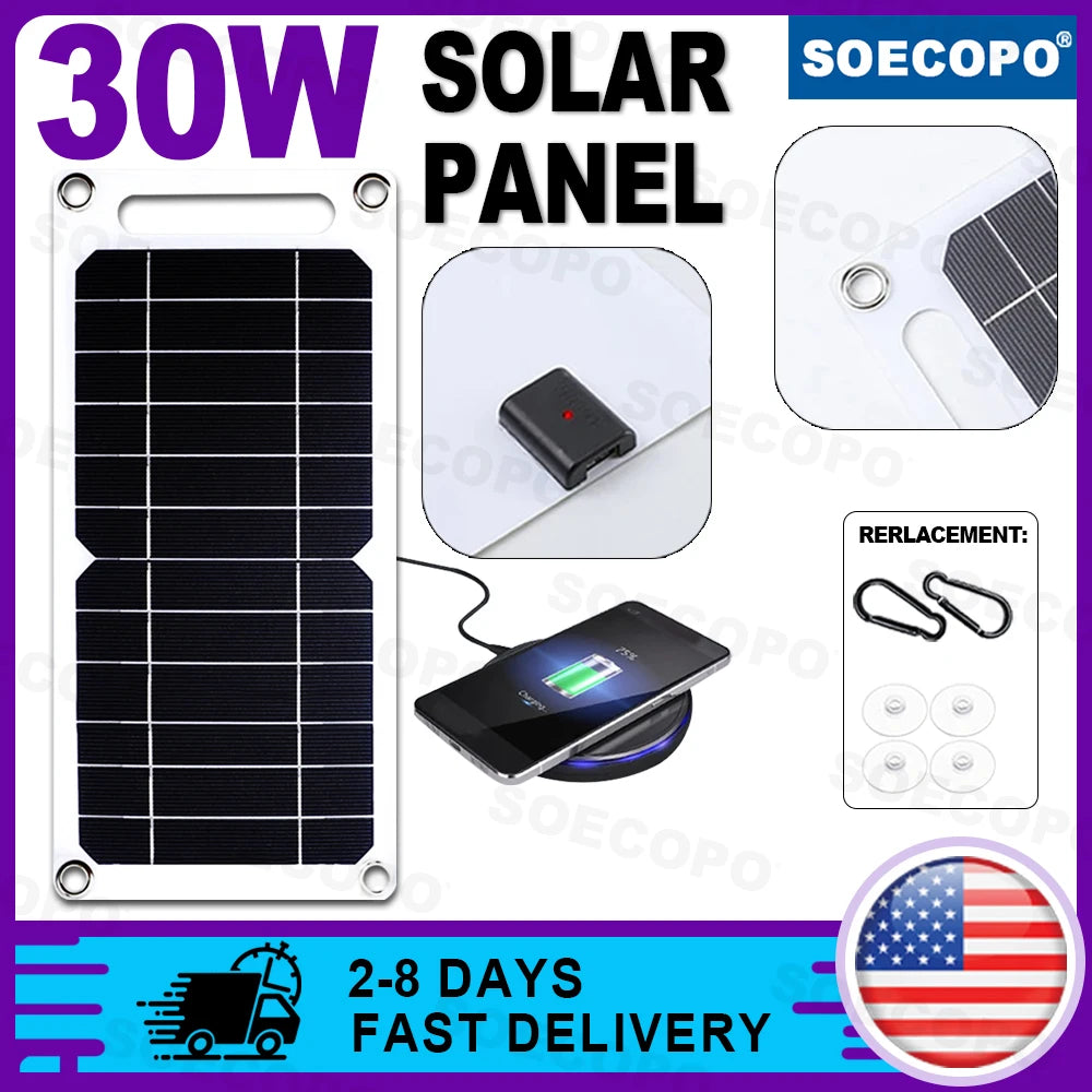 SOECOPO 30W Lightweight Flexible Solar Panel Kit, Free Mini Solar Regulator, Complete Hooks & Suction Cups Accessories, Portable For Phone Outdoor Camping Charging, US Warehouse 2-8 Days Fast Domestic Delivery
