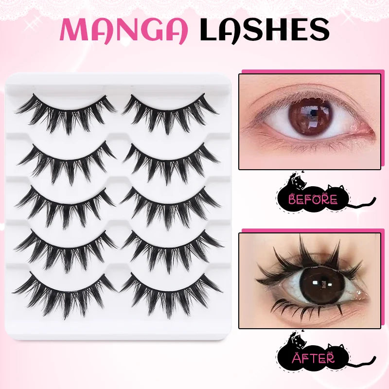 DINGSEN 5Pairs Lashes Fake Eyelashes Natural Long Manga Lashes Winged End Eye Elongated Eyelashes Fake Lashes Makeup
