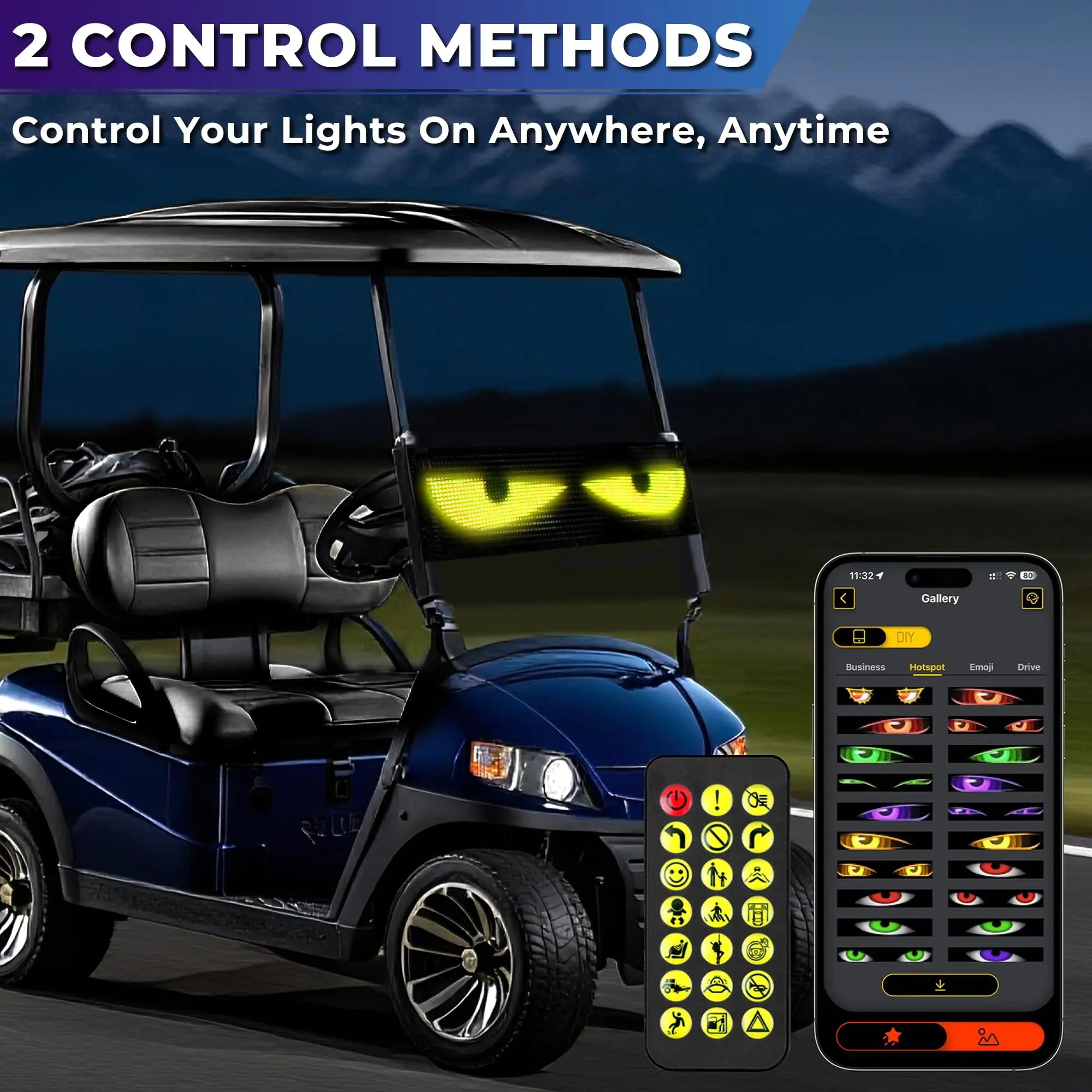 Devil Eyes LED Display for Golf Cart, Programmable Flexible LED Sign for Car Windshield, App & Remote Control, High Brightness DIY Animated Scrolling LED Eyes for Golf Carts, Trucks & SUVs