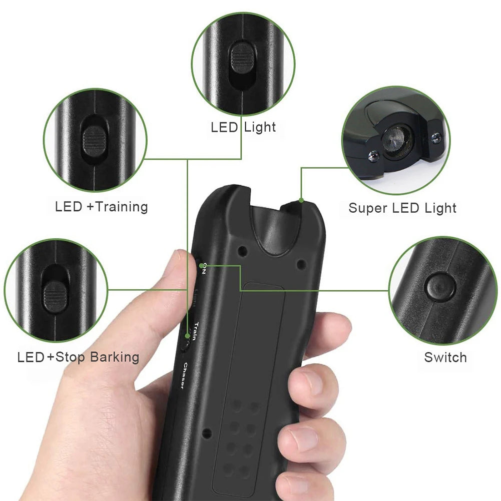 Ultrasonic Anti Barking Device Portable Dog Bark Suppressor Handheld Repeller Trainer with LED Light Battery Powered for Outdoor