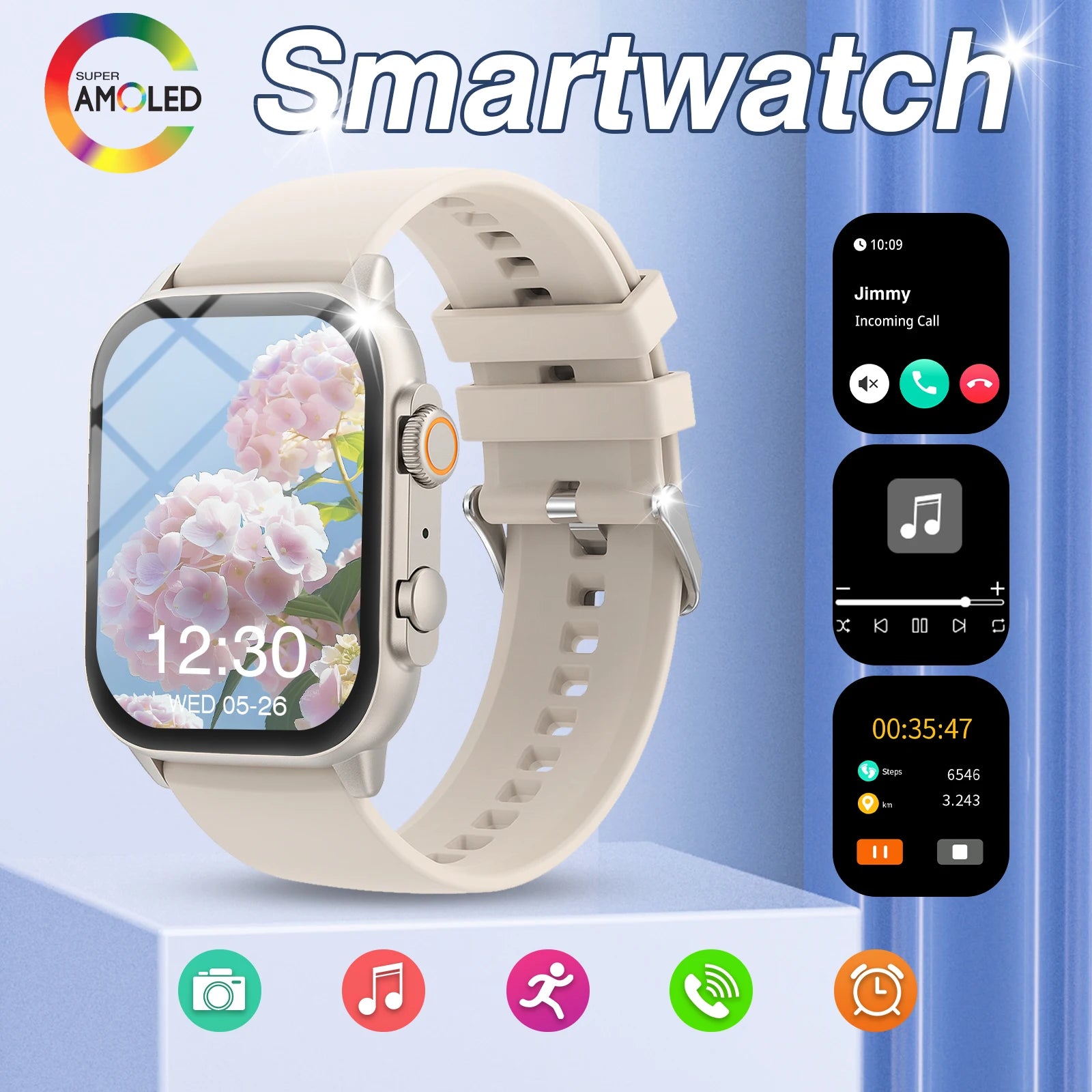 Smart watch, wireless calling, message reminder, multi-sport mode, 2.01-inch HD screen, custom dial wallpaper, unisex