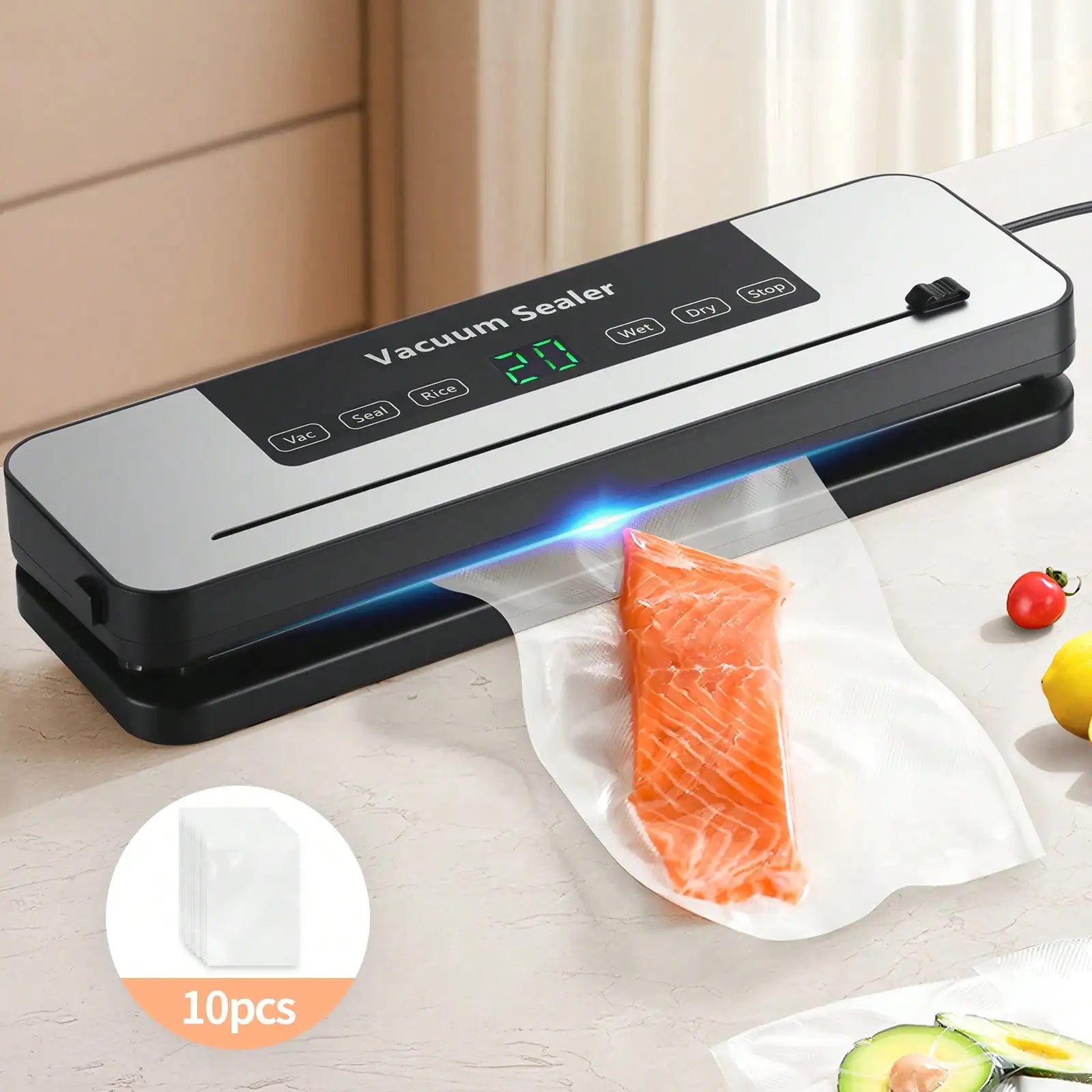 Powerful Vacuum Sealer Machine | Compact Design | One-Touch Automatic | Seal In 10-20 Seconds | Dry, Moist, Wet, And Cold Modes | With 10 Vacuum Bags & Built-In Cutter (Grey)
