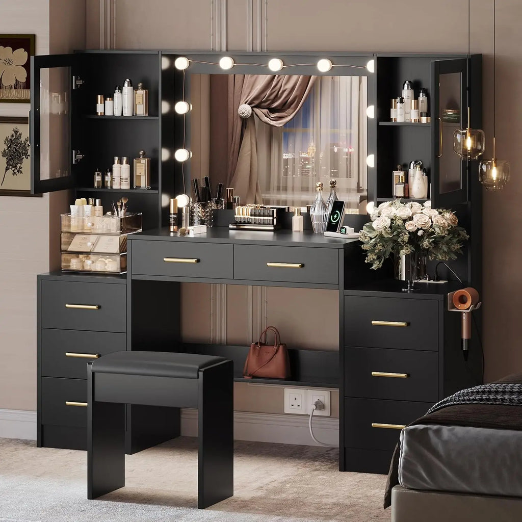 Black Vanity Desk with Mirror, Lights & Charging Station, 58.3" 3 Lighting Modes Makeup Desk with 8 Drawers, 2 Cabinets and Lots