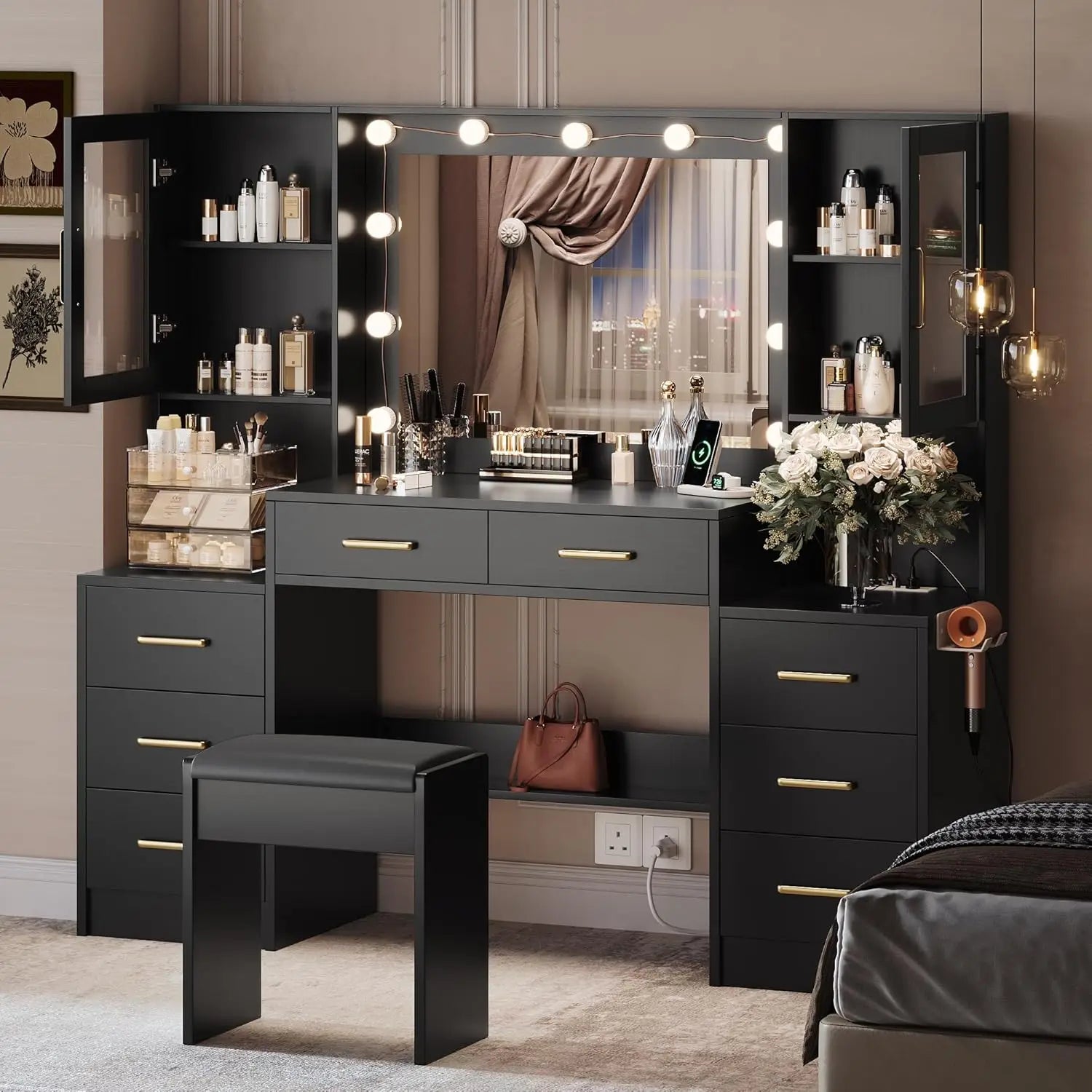 Black Vanity Desk with Mirror, Lights & Charging Station, 58.3" 3 Lighting Modes Makeup Desk with 8 Drawers, 2 Cabinets and Lots