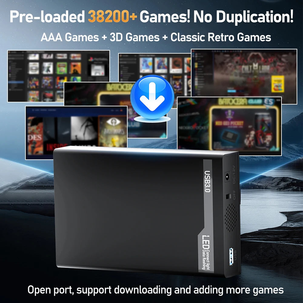 500G Retro Gaming HDD Video Game Console Retrobat＆Playnite＆Launchbox OS for XBOX/PS3/PS2/Switch/Wii/WiiU/DC/NES with 38200+Games