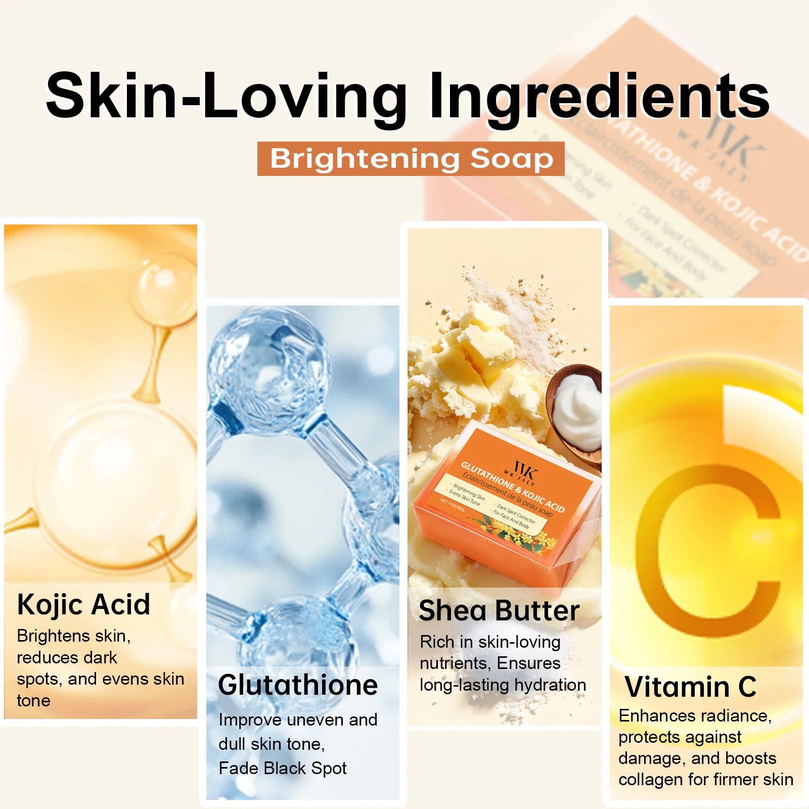 WK JALY Glutathione & Kojic Acid Brightening Soap, Clean Skin, Moisturizing, Reduce Black Spots, For All Skin Types, 200g