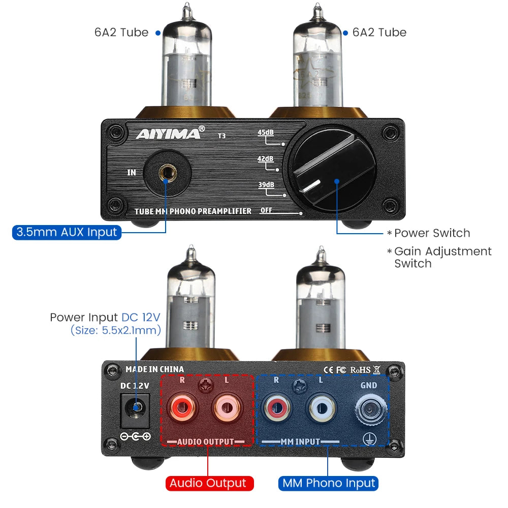 AIYIMA T3 HiFi Vacuum 6A2 Tube MM Phono Preamplifier Vinyl Record Player Stereo Tube Pre amp Amplifier Turntable Phonograph 12V