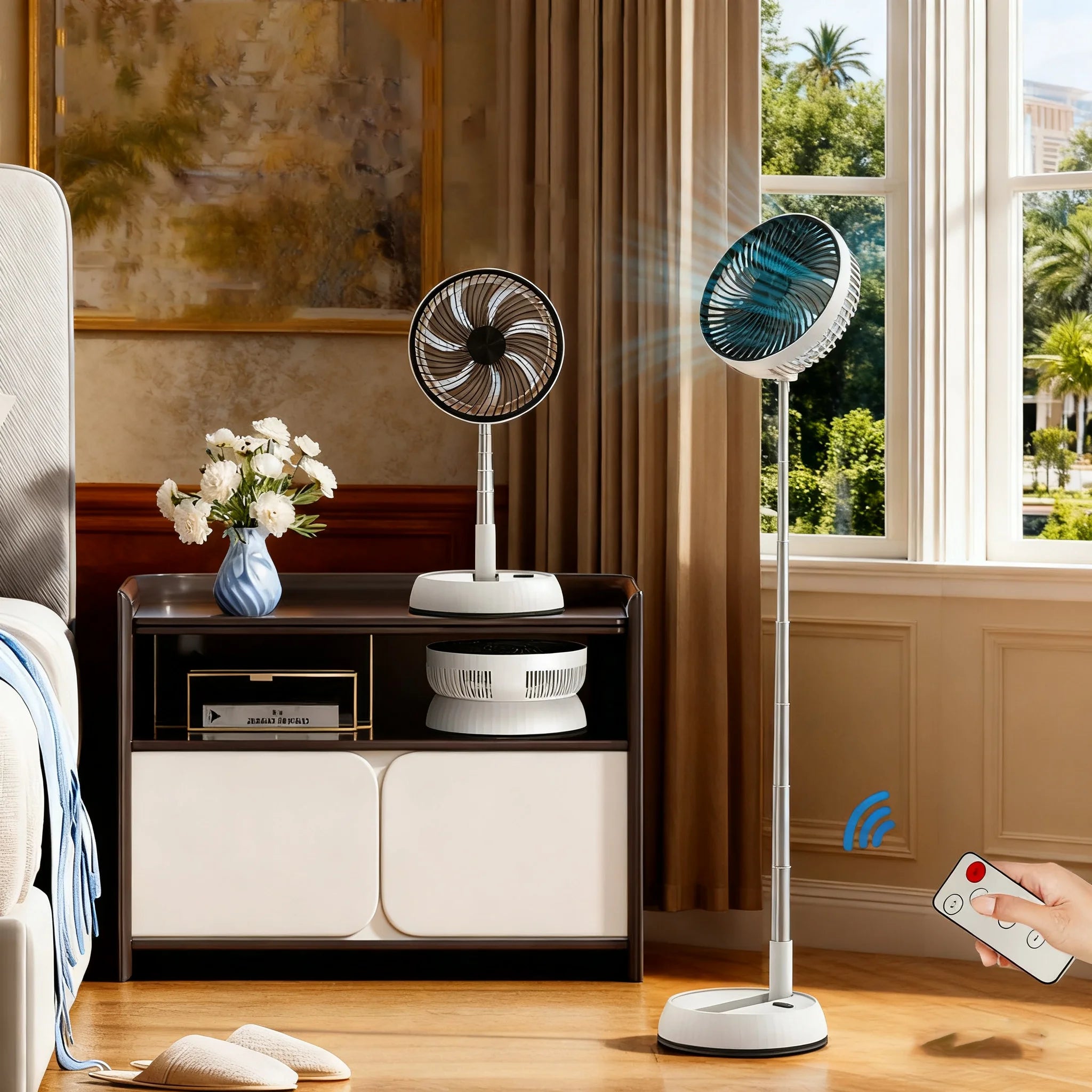 Outdoor folding telescopic fan remote control office automatic shaking desktop fan convenient and quiet USB charging fan 7200mAh