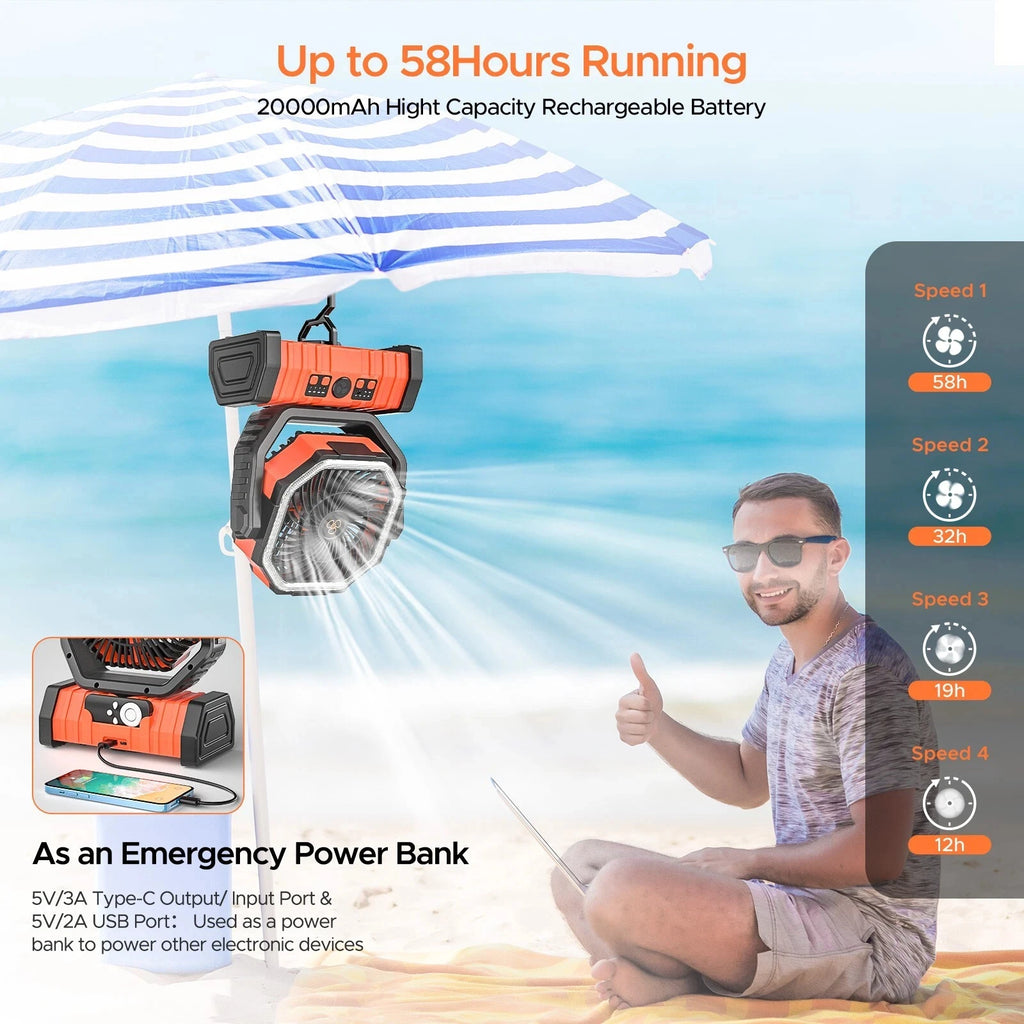 Camping Fan 20000mAh Battery Powered Fan Rechargeable with LED Light Portable Outdoor Tent Fan with Hanging Hook