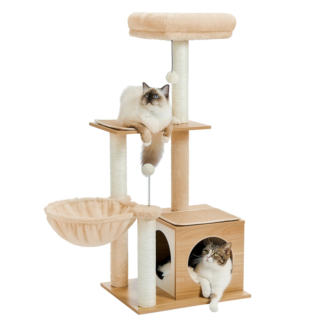 Modern Cat Tree for Indoor Cats Multi-Level Wood Cat Tower with Cozy Condo Hammock Sisal Scratching Posts Kitten House Cat Toys