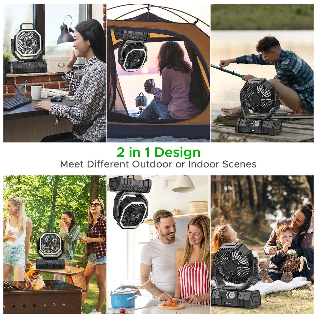 Camping Fan 20000mAh Battery Powered Fan Rechargeable with LED Light Portable Outdoor Tent Fan with Hanging Hook