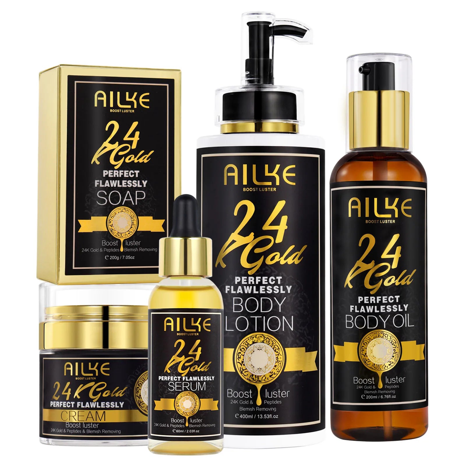 AILKE 24K Whitening Skin Set, Lightening, Remove Black Spots, Melanin, Stains, Even Skin Tone, Moisturizing, for All Skin Types