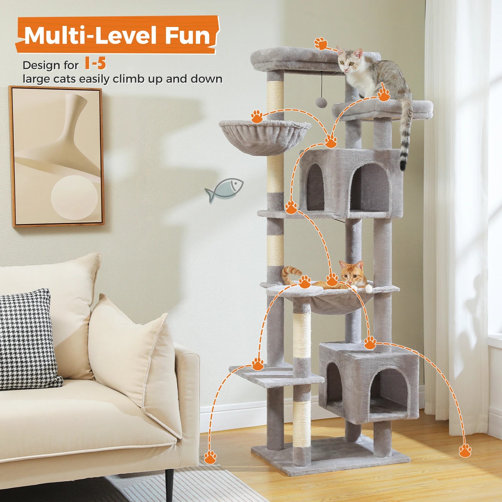 Sturdy Multi-Level Cat Tree Tower with Natural Sisal Scratching Posts,Cozy Hammock&Condo, Large Top Perch, and Fun Dangling Ball