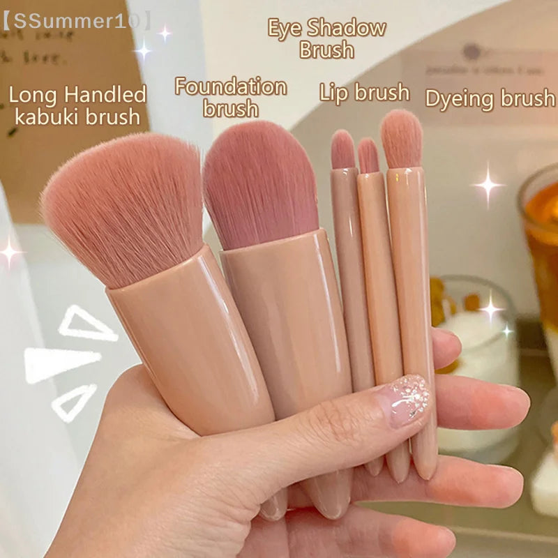 【SSummer10】5Pcs Travel Mini Makeup Brushes Set with Case Mirror - Small Complete Function Cosmetic Kit【SS】