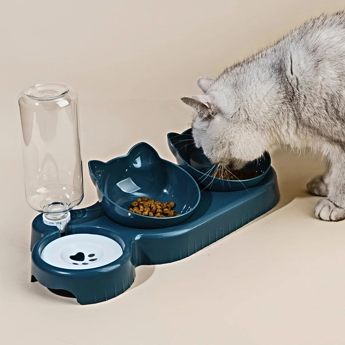 Pet Bowls With Water Feeder, 3 In 1 Ear Design Tilted Cat Water And Food Bowl 1Set With Gravity Water Bottle For Neck Protection
