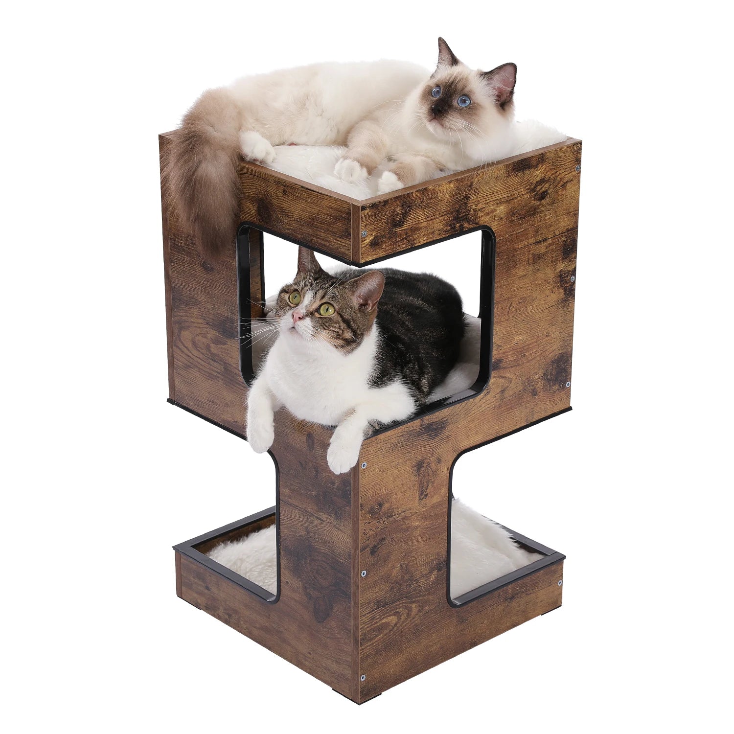 Wood Cat Condo House Bed with Removable Soft Mats Modern Cat Tree Tower with Scratching Pad Cat Scratcher Furniture Kitten Toys