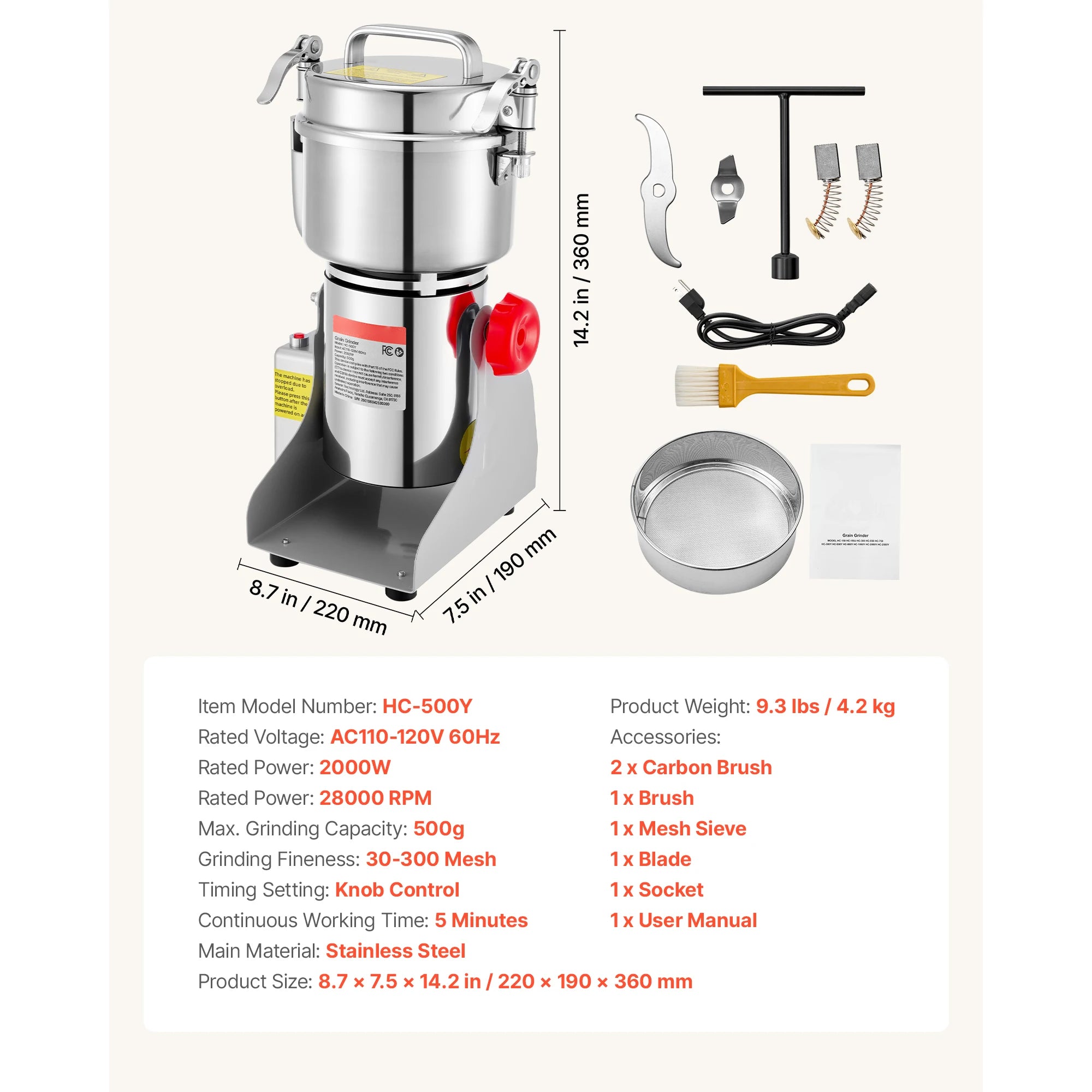 SucceBuy Electric Grain Mill Grinder 28000/32000RPM High Speed Stainless for Dried Grains Coffee Beans Spices 270° Swing Type