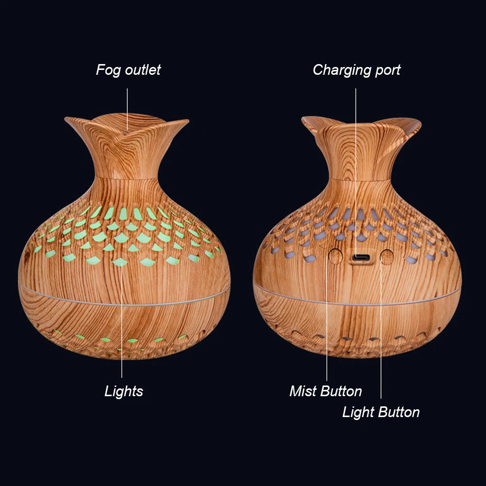 300ML Wood Grain Flower Humidifier Silent Aromatherapy Diffuser USB Rechargeable Mini Air Humidifier with Colorful Night Light