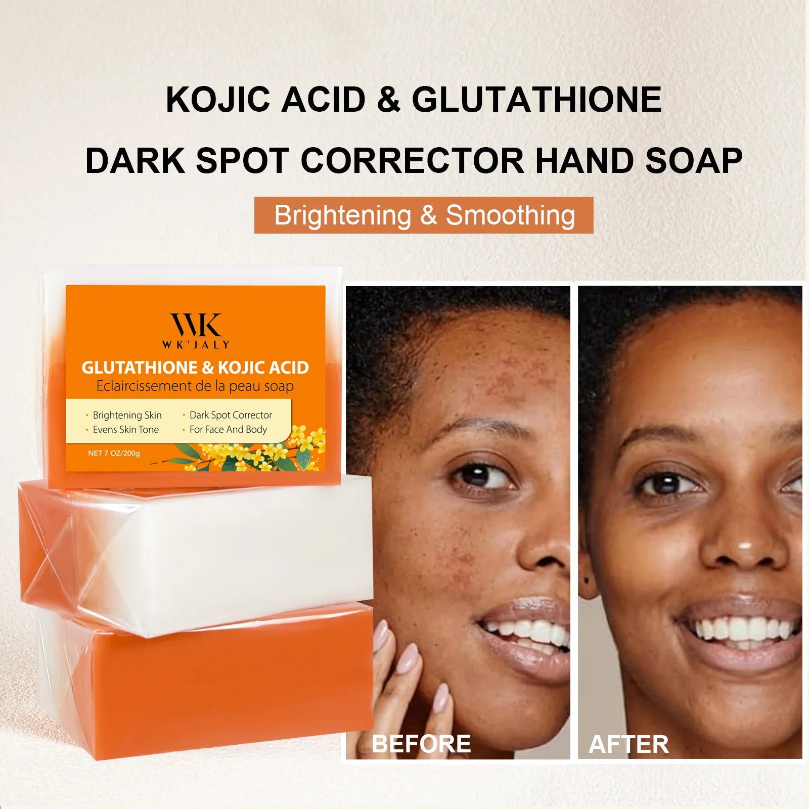 WK JALY Glutathione & Kojic Acid Brightening Soap, Clean Skin, Moisturizing, Reduce Black Spots, For All Skin Types, 200g
