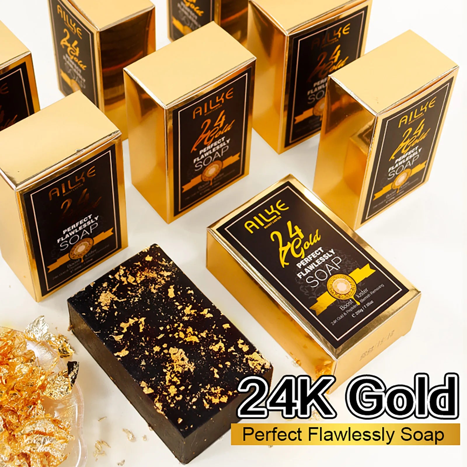 AILKE 24K Gold Foil Whitening Soap, Brightening, Even Skin Tone, Improve Skin Elasticity, Deeply Cleaning, Remove Spots, 200g