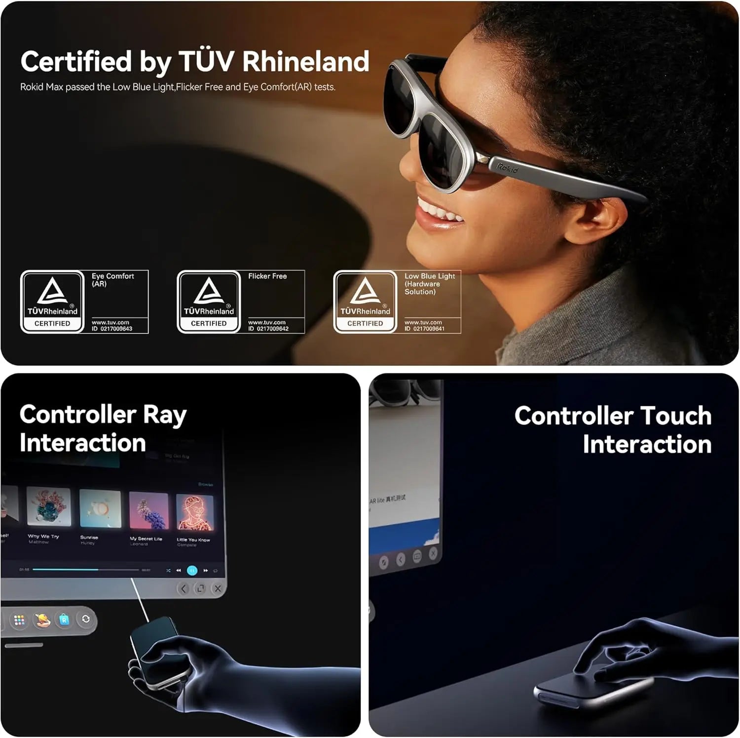 Rokid Max 2 Spatial AR Lite 300" Spatial Multi Screen 1920X1200 50°FoV Home Game Viewing Realtime Trans