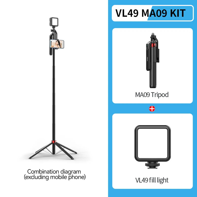 Ulanzi MA09 1.8m Selfie Stick Tripod for iPhone 16 15 Android Phone with Remote Control Panoramic Ball head Holder U200 VL49 Kit