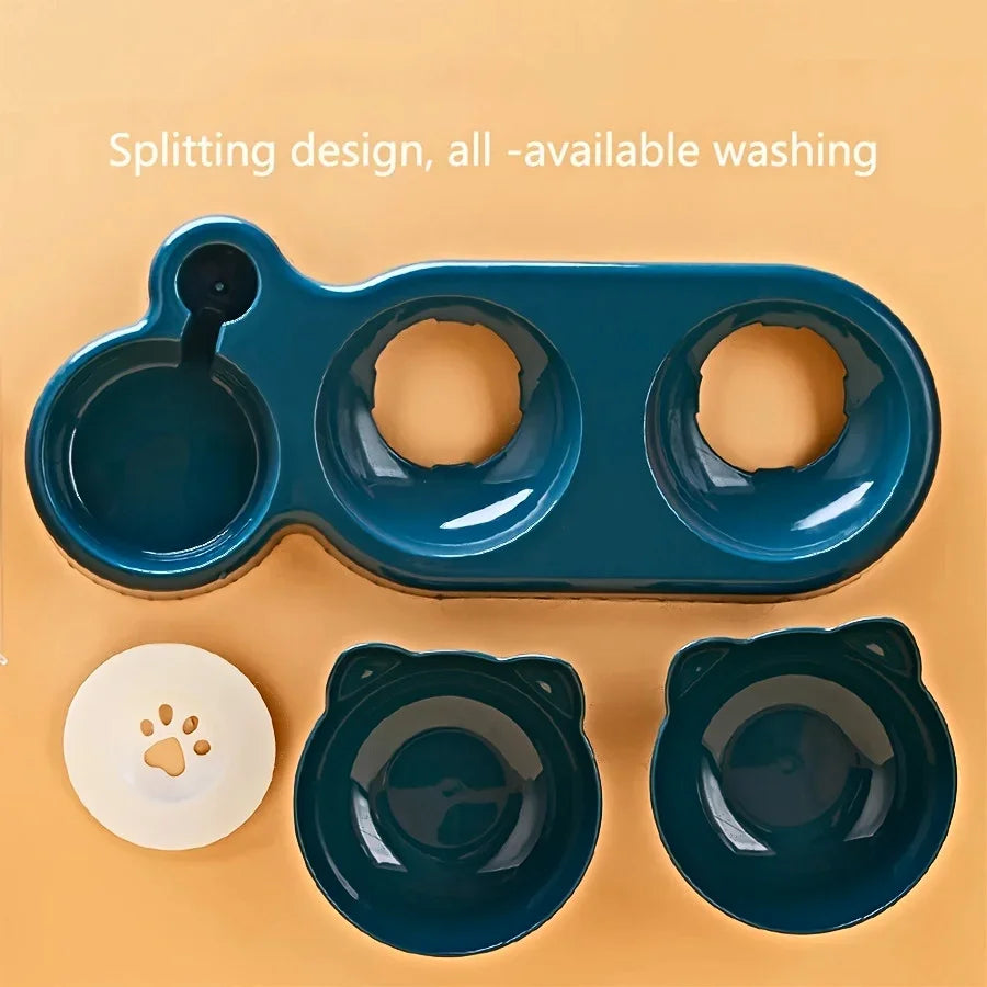 Pet Bowls With Water Feeder, 3 In 1 Ear Design Tilted Cat Water And Food Bowl 1Set With Gravity Water Bottle For Neck Protection