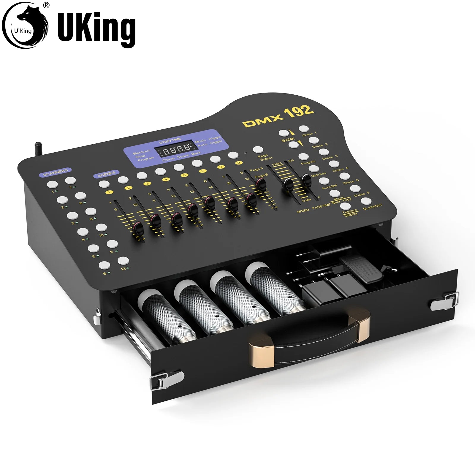 U'King Wireless DMX 512 Console&MIDI Operator 192 Channel Light Controller with Drawer Transmitter&4 Rechargeable Receivers
