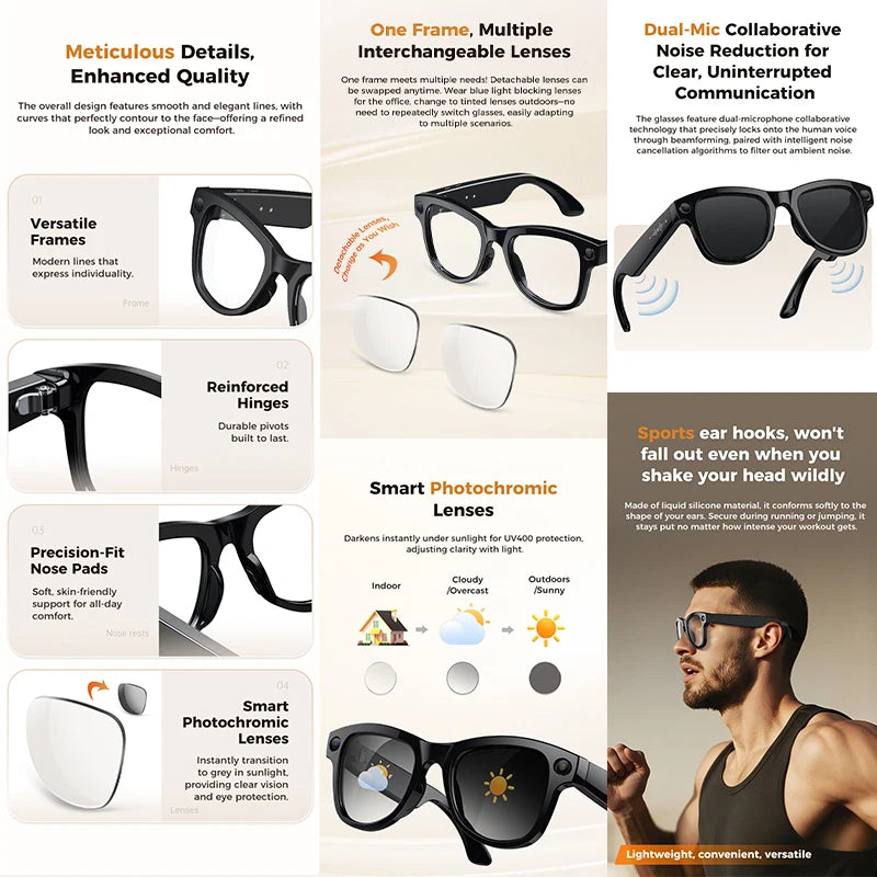 2026 New 32G Memory 800W 4K Camera Smart Glasses Men Photos&Videos 3600mAh Power Bank 120+Languages Translation AI Glasses Women