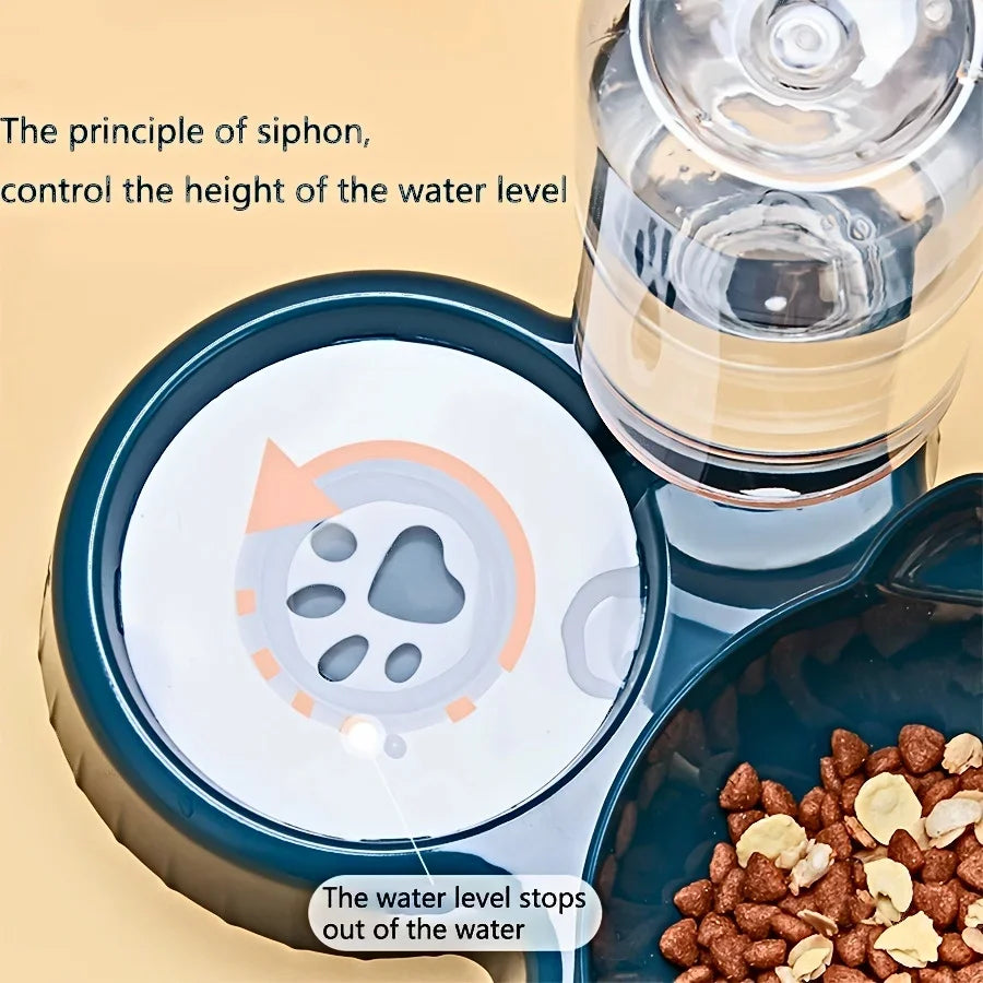 Pet Bowls With Water Feeder, 3 In 1 Ear Design Tilted Cat Water And Food Bowl 1Set With Gravity Water Bottle For Neck Protection