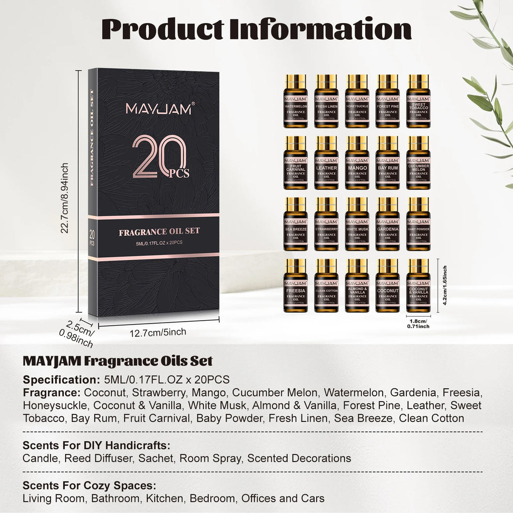 MAYJAM Fragrance Oils Kit 20pcs/set Coconut & Vanilla White Musk Watermelon Strawberry Oil for Humidifier Diffuser Candle Making