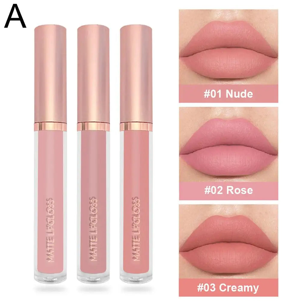 3pcs/set Nude Lip Gloss Matte Velvet Lipstick Waterproof Long-lasting Liquid Lipstick Women Moist Lip Tint Non-Stick
